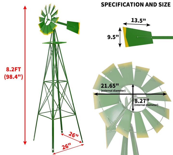 8FT Windmill ecor Outdoor Ornamental Wind Sculptures Spinners Metal Wind Mill Green - Diamond Home USA