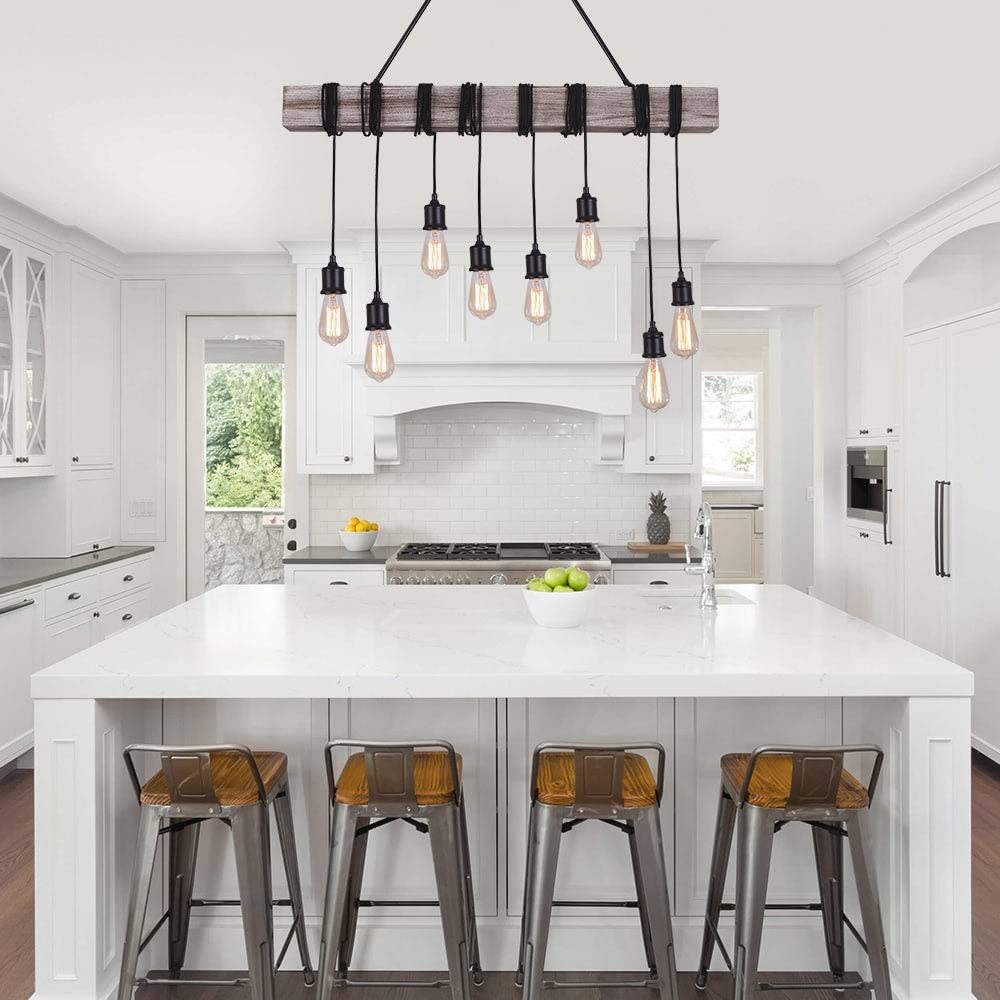 8-light Wooden Rope Kitchen Island Linear Black Farmhouse Rustic Metal Wood - Diamond Home USA