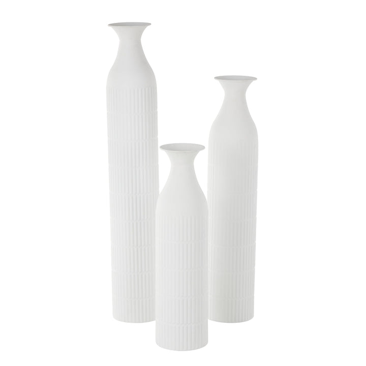 White Metal Tall Slim Ribbed Floor Vase (Set of 3)