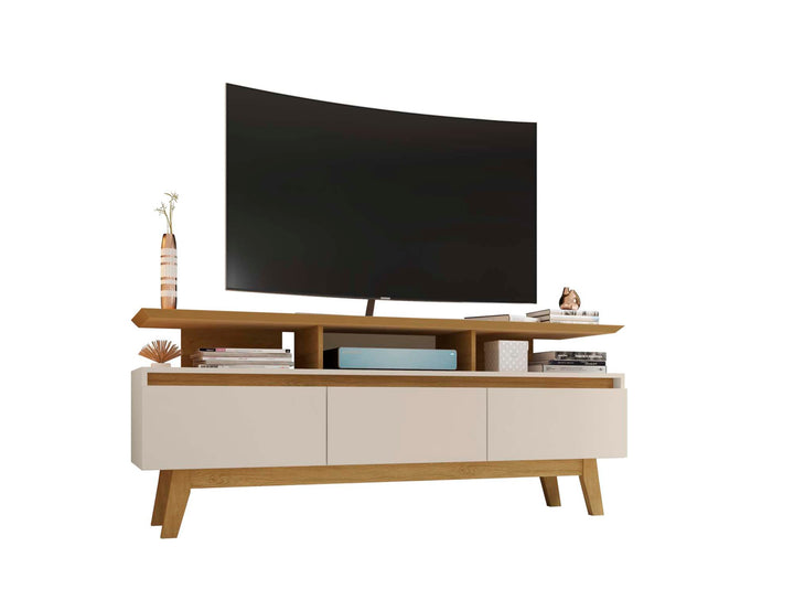 Manhattan Comfort Yonkers TV Stand with Solid Wood Legs and 6 Media and Off White and Cinnamon