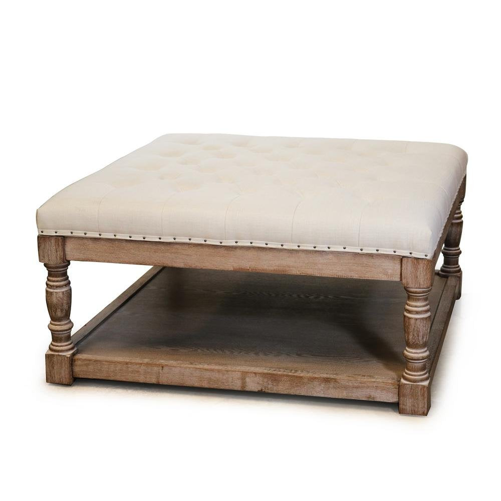 Warehouse of Tiffany Cairona 34" Shelved Ottoman in Cream Tufted Fabric (EL1668) Beige Top/Natural Wood