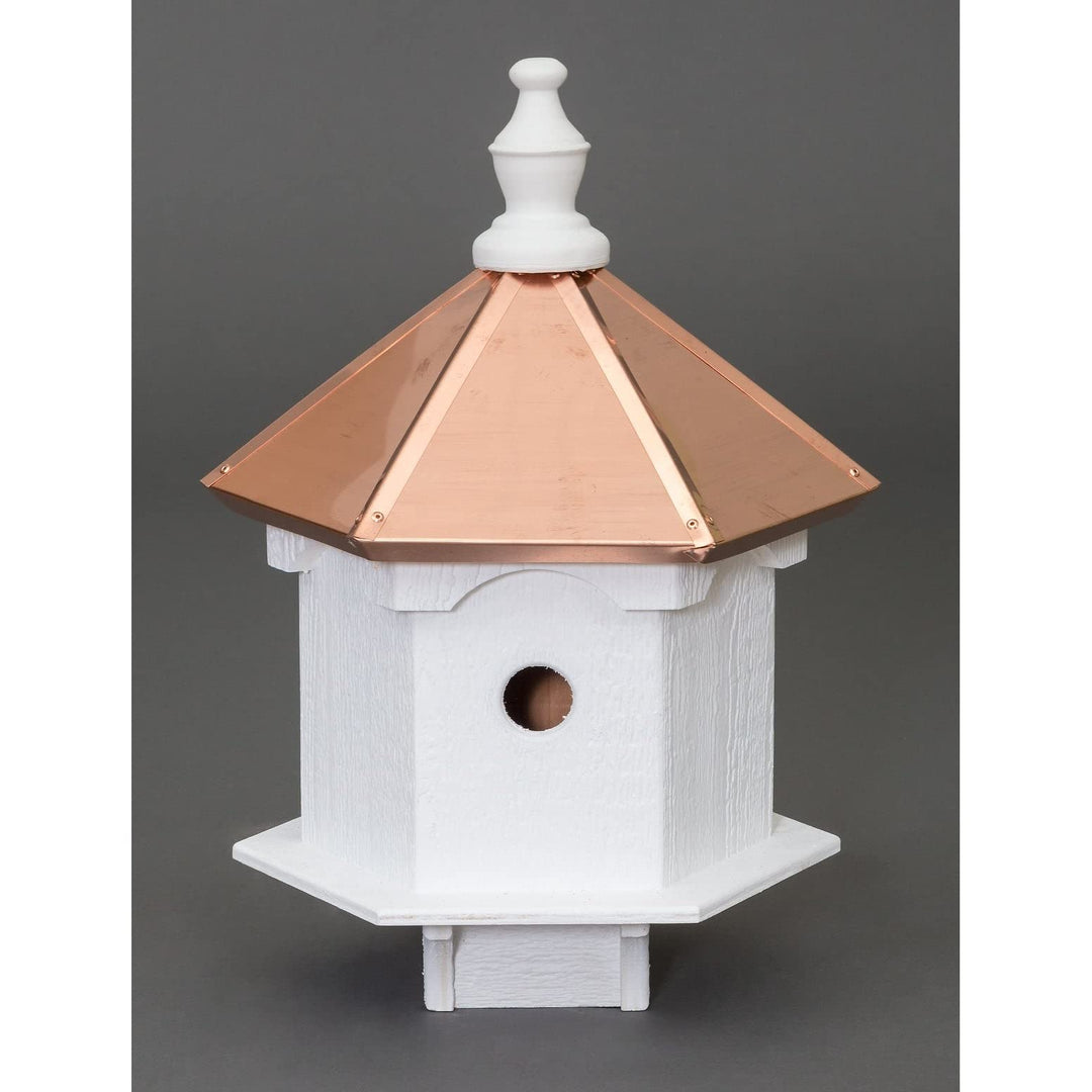 Double Blue Bird House with Copper Roof White Wood