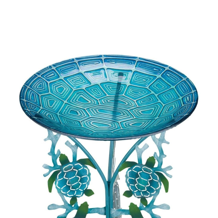 18" Birdbath with Decorative Stand Sea Turtle Blue Metal