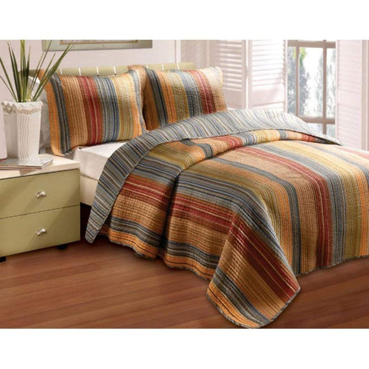 3pc Soft Cozy Brown Grey Yellow Red Full Queen Quilt Set Cotton Colorful Rich Full - Queen