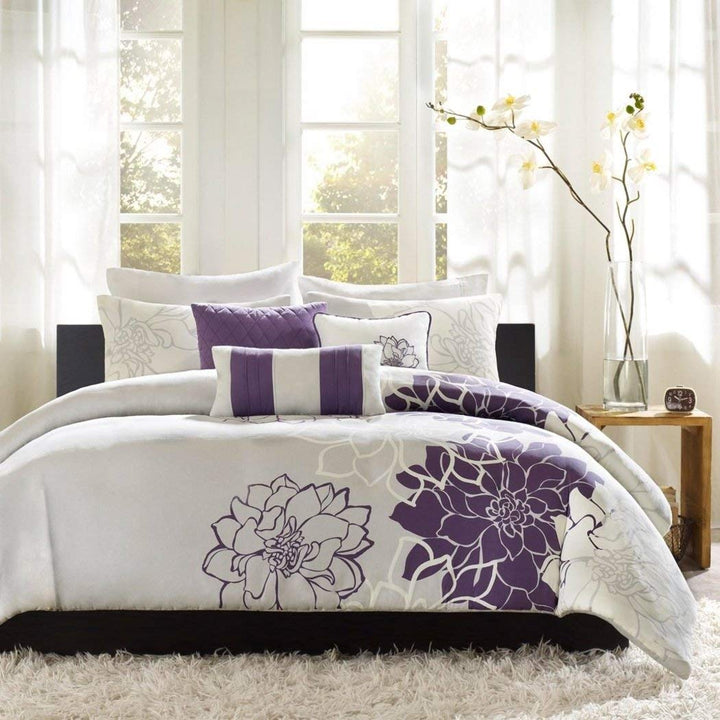 6 Piece Bedding Duvet Cover Set in Reversible Grey Purple Floral Design King King - Cal King