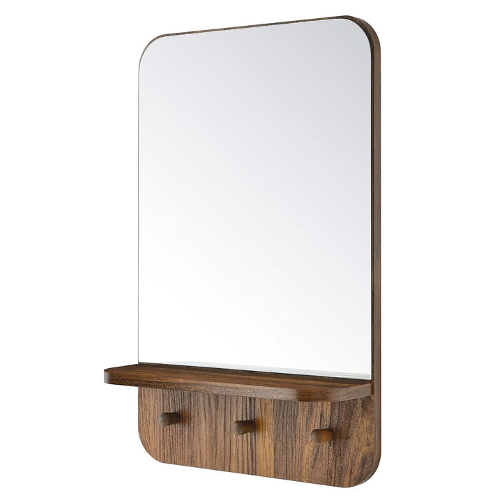 Hollow Modern Walnut Wall Mirror with Shelf and Hooks Brown Contemporary