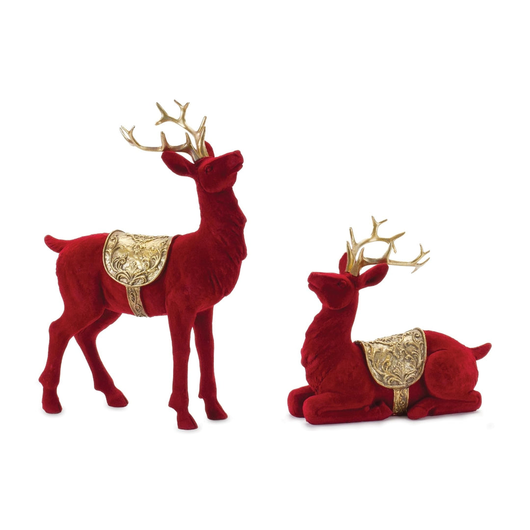 Flocked Deer Figurines (Set of 2) Red Resin