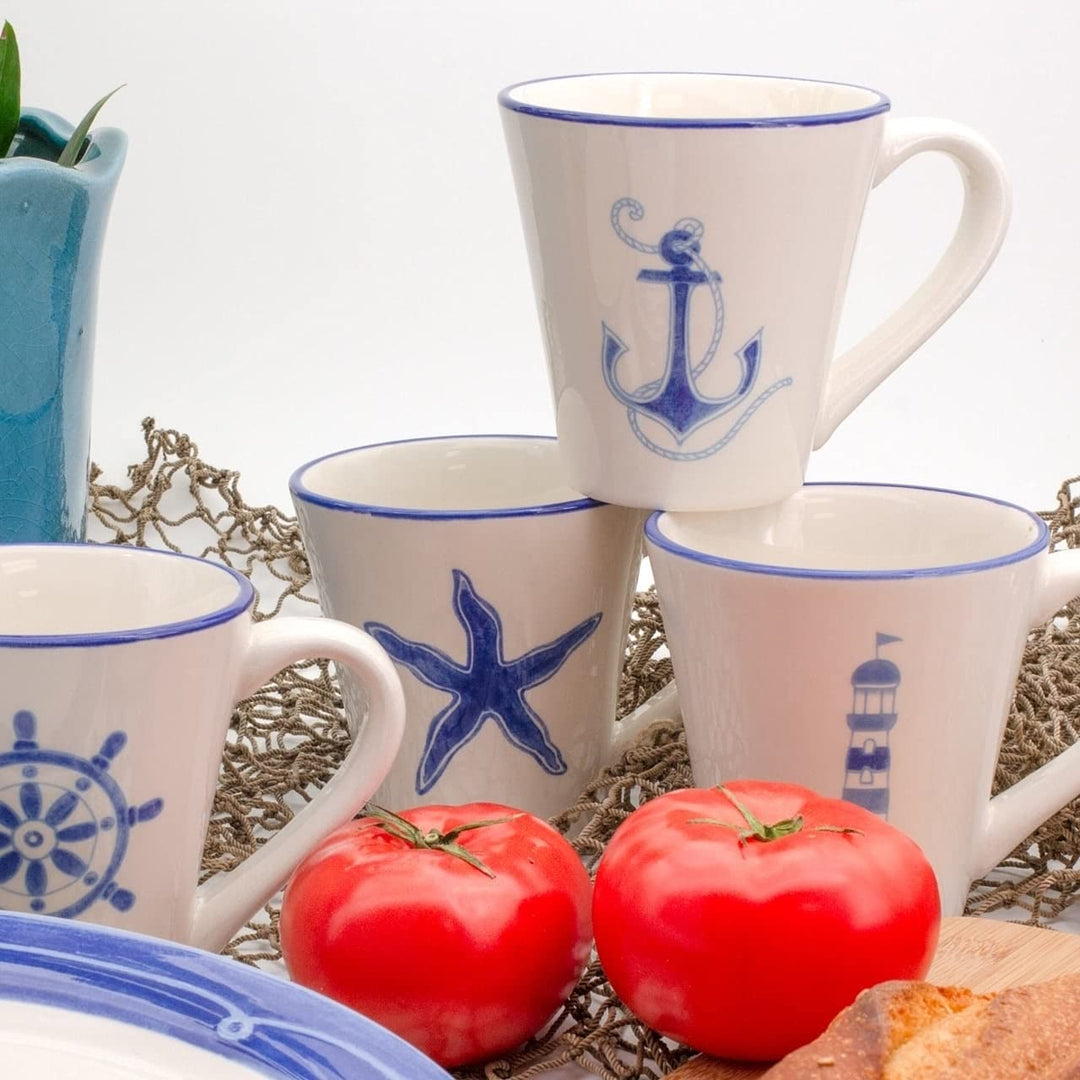 BlueWhite Ceramic 12 Piece Nautical Dessert Set Blue Navy White Coastal Casual