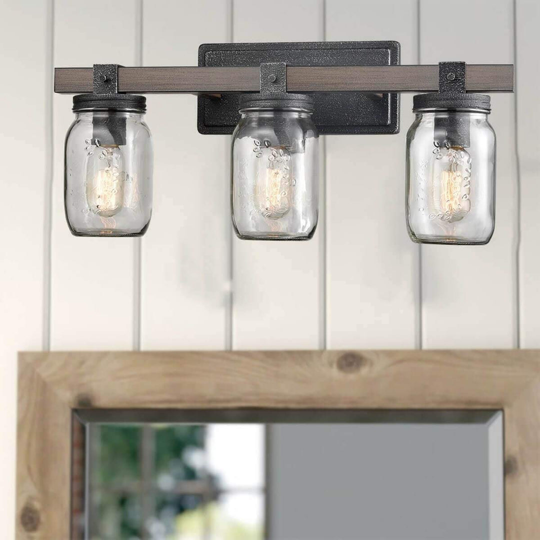 Vintage Mason Jar Bathroom Vanity Lighting 3-Lights Brown Grey Silver