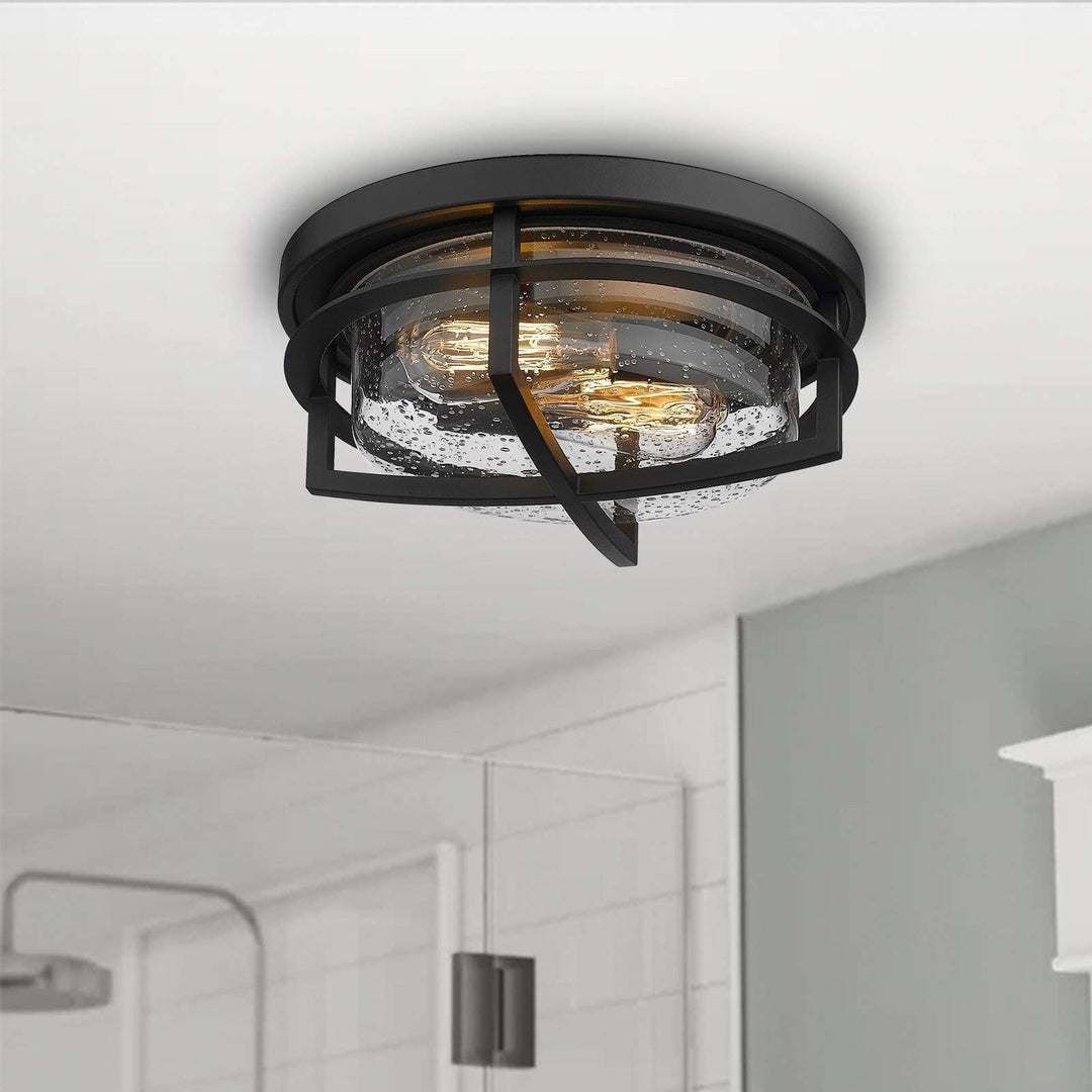 2-Light 13" Flush Mount Light Fixture with Seeded Glass ver 13 Black Modern - Diamond Home USA