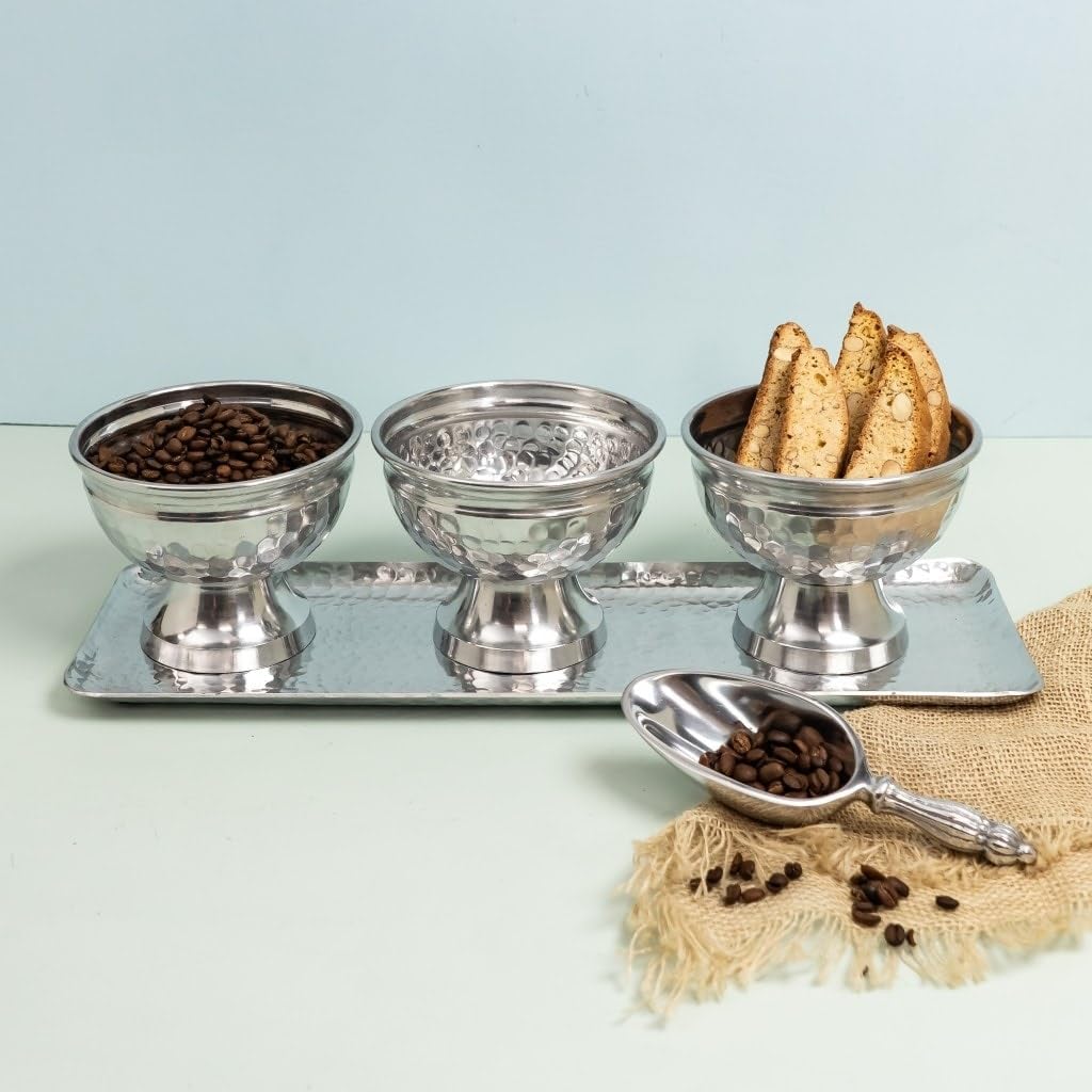 Hammered Serving Tray With Oblong Bowls Silver Rectangle Stainless Steel