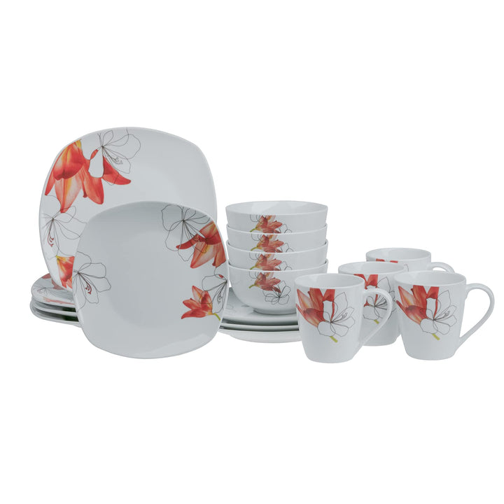 Tabletops Gallery Lily - Square White Porcelain 16 Piece Dinnerware Set