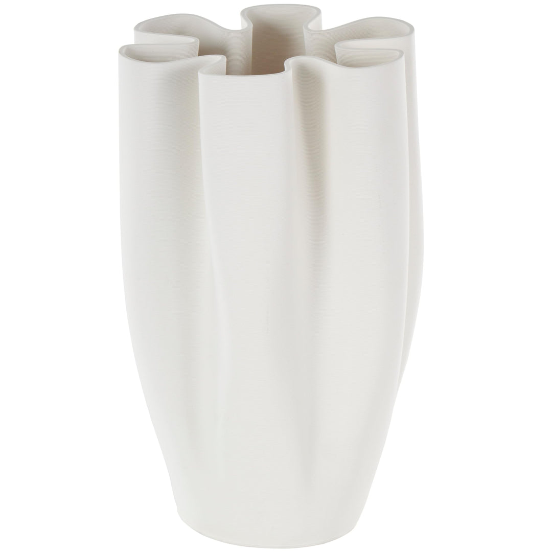 White Ceramic Ribbed Dimensional Folded Abstract Decorative Vase with Floral