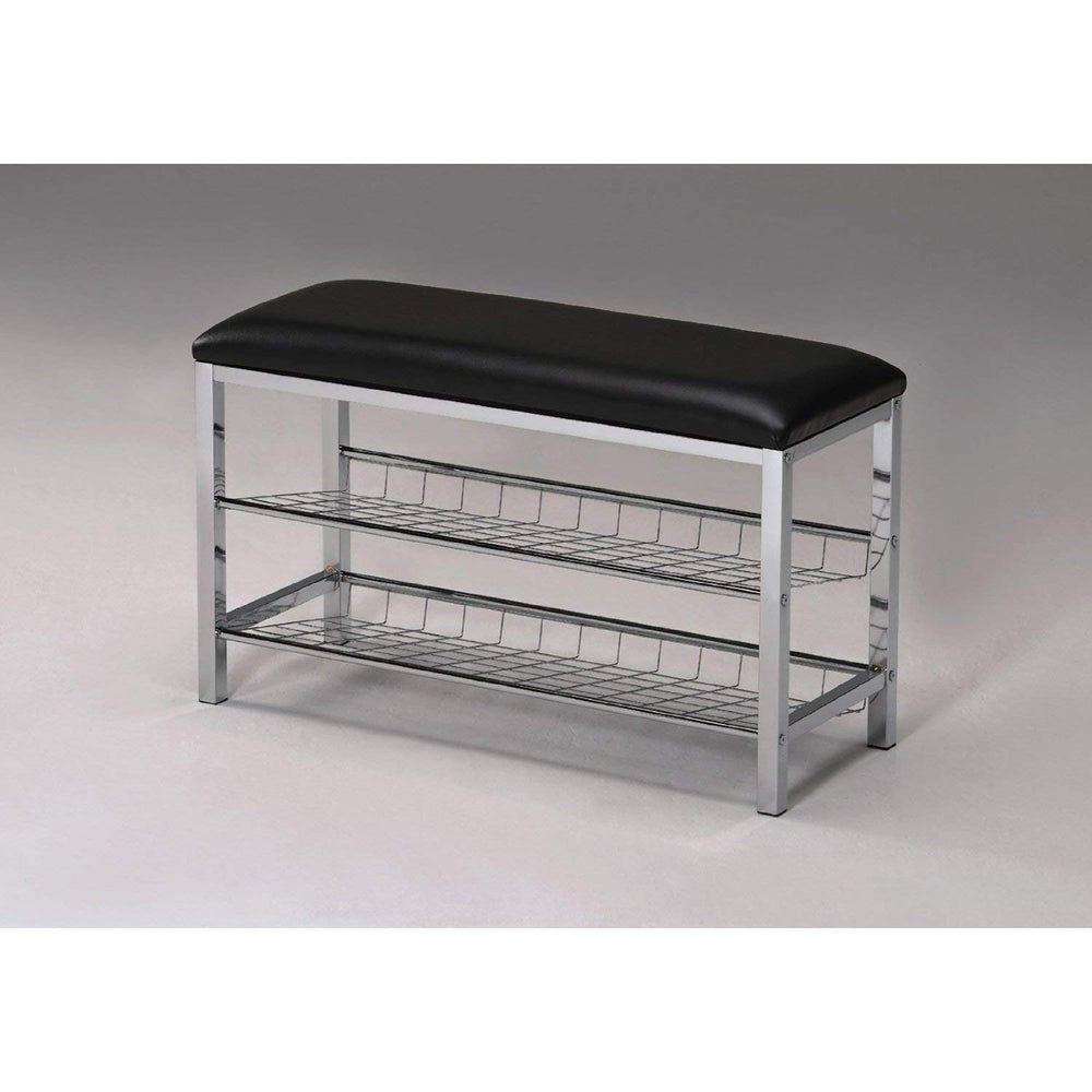 2-Tier Chrome Shoe Bench with Black Faux Leather Seat Silver Modern Contemporary - Diamond Home USA