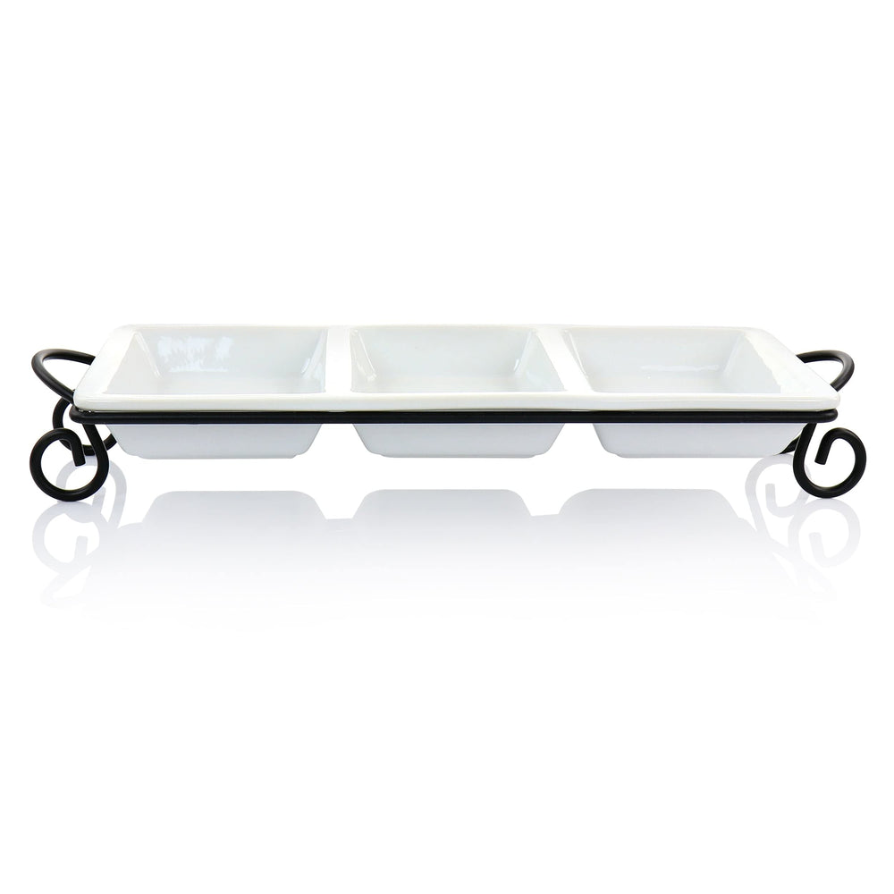 3 Section Serving Tray with Wire Holder White Rectangle Porcelain Dishwasher - Diamond Home USA