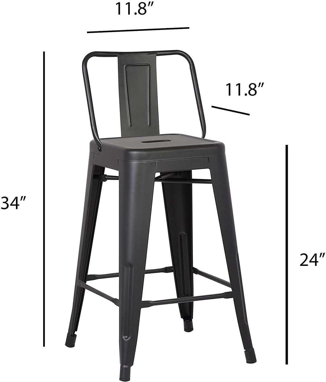 AC Pacific Modern Industrial Metal Bar Stools with Low Back Matte Finish