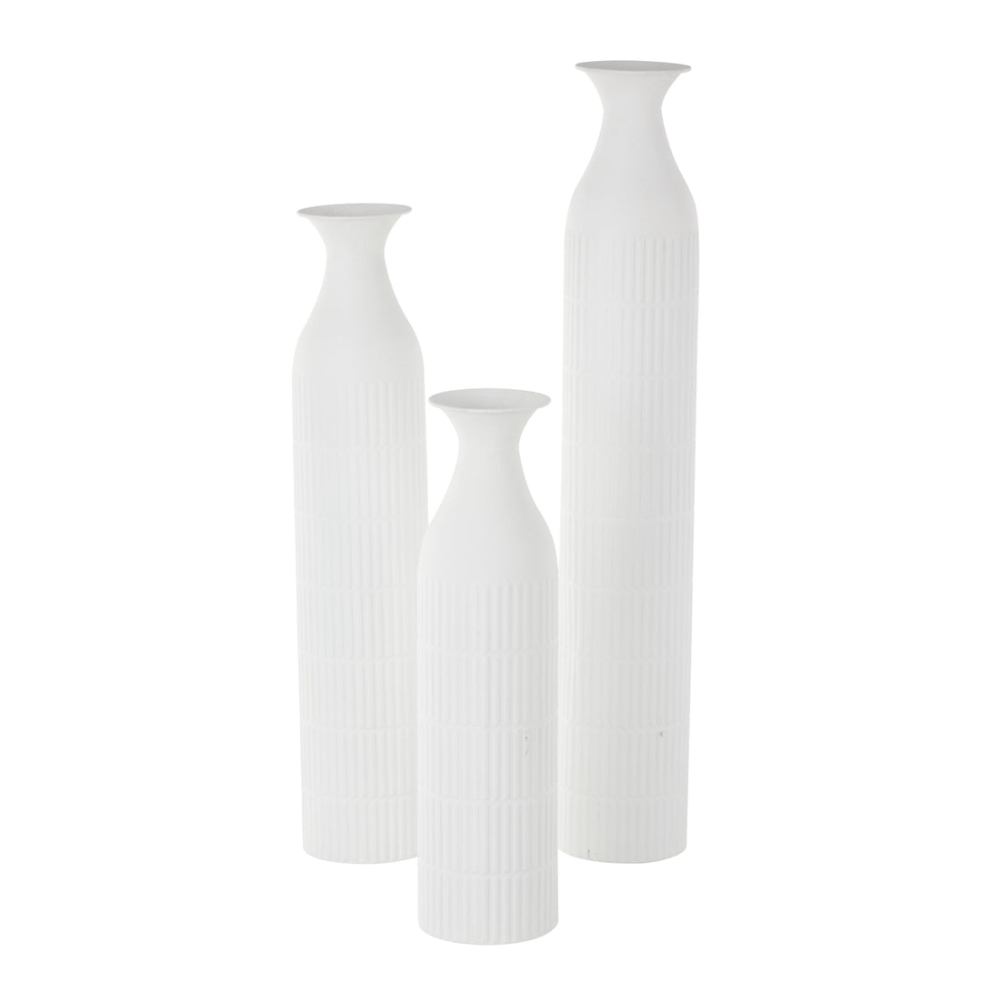 White Metal Tall Slim Ribbed Floor Vase (Set of 3)