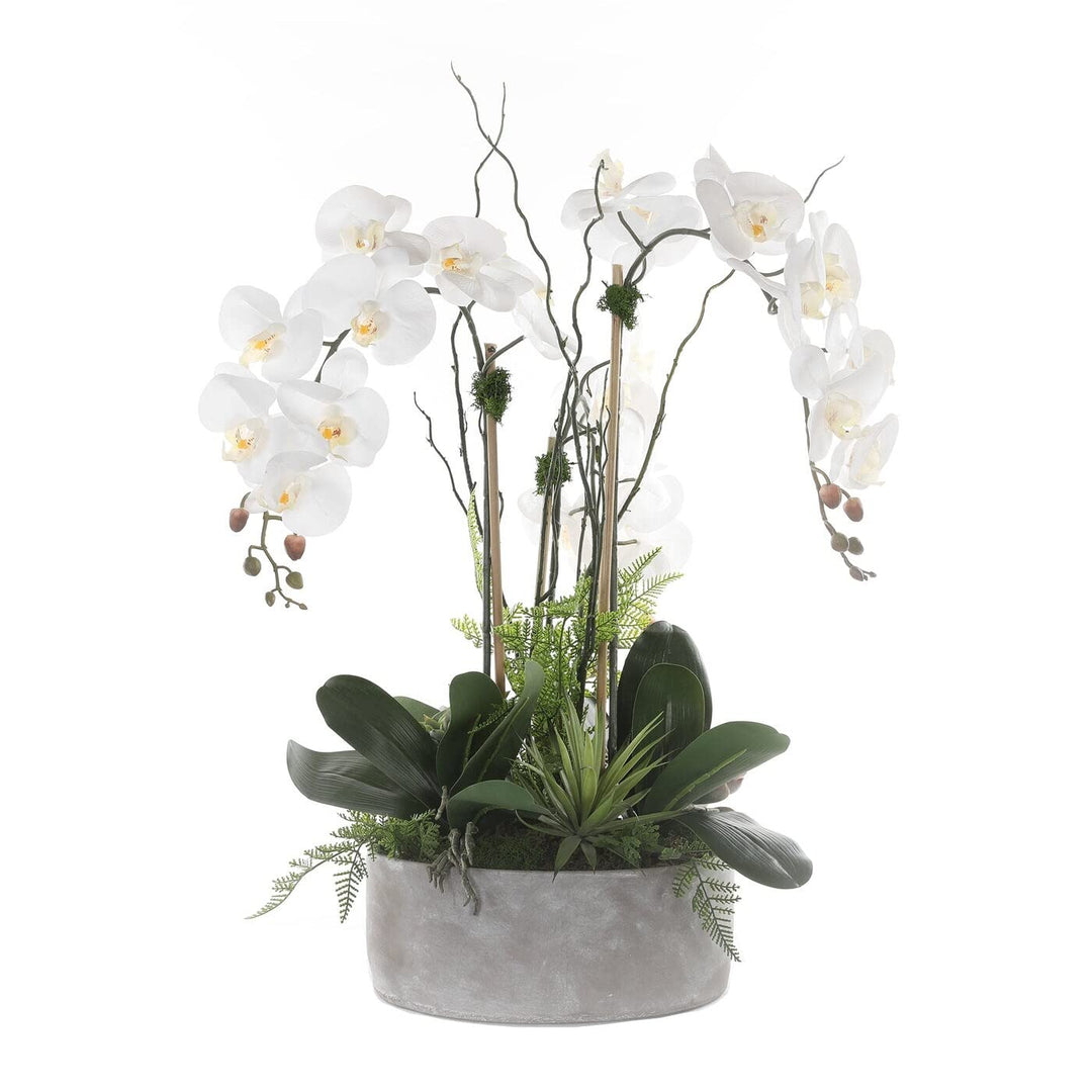 Real Touch Orchid Flower Arrangement in Stone Cement Pot White Handmade