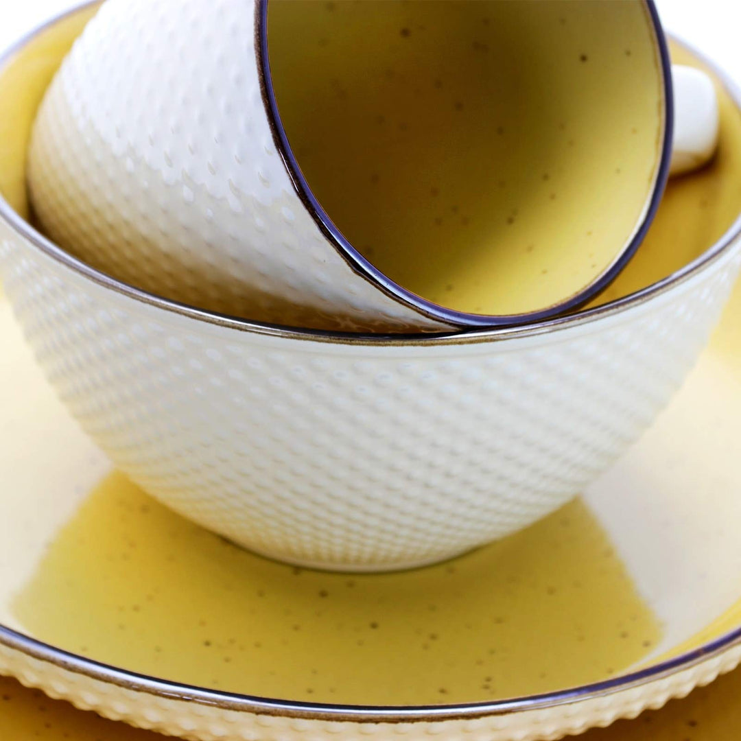 Embossed Dot Two Tone 16-Piece Dinnerware Set in Yellow Textured Casual Round