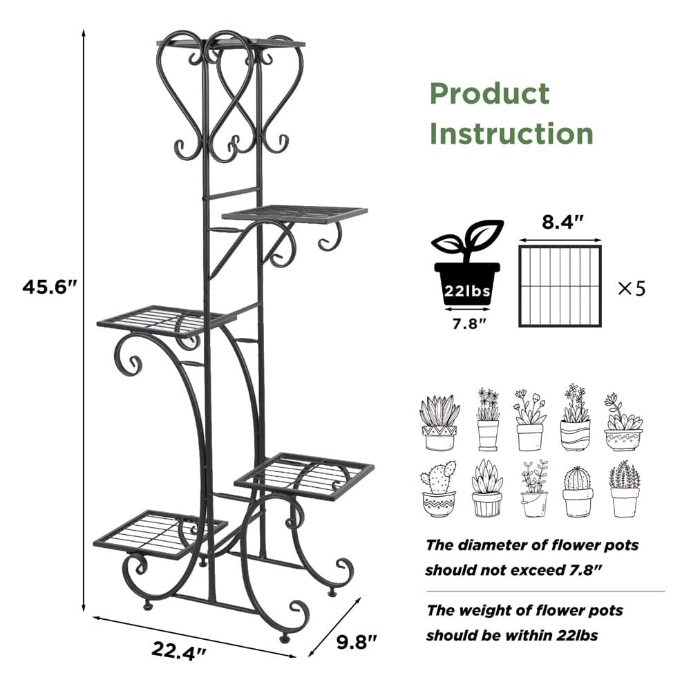 Tall Plant Stand 5 Tiered Iron Shelf Garden Display Rack Indoor Outdoor Black