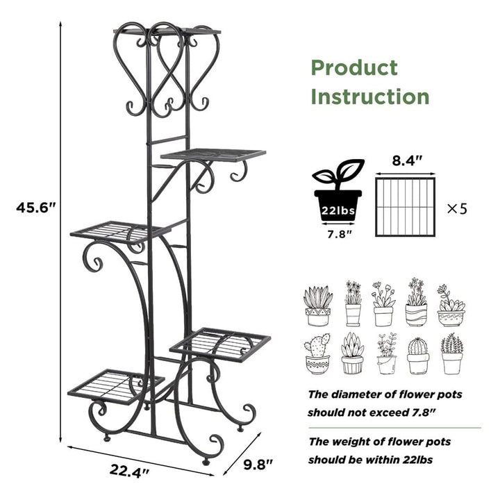 Tall Plant Stand 5 Tiered Iron Shelf Garden Display Rack Indoor Outdoor Black