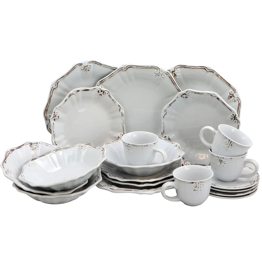 Elama Scalloped Round Stoneware Elegant Dinnerware Dish Set 20 Piece White