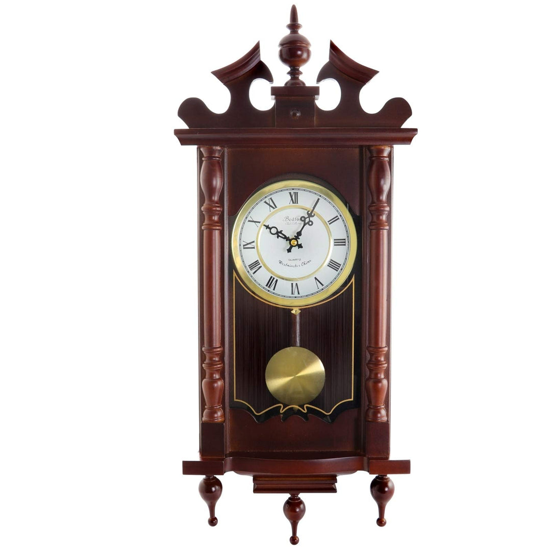 Decorative 31 inch Chiming Wall Clock W/Pendulum Red Rectangular Wood Cherry