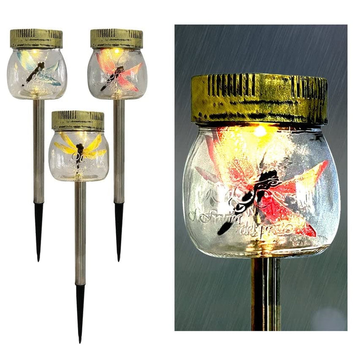 Dragonfly in A Jar Solar Stake Lights Set of 3 Multi Color Glass Energy