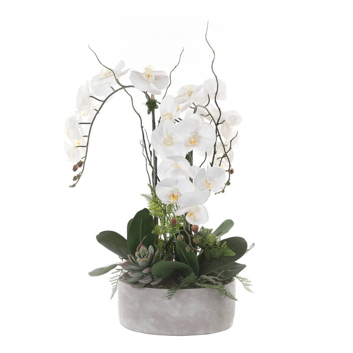 Real Touch Orchid Flower Arrangement in Stone Cement Pot White Handmade