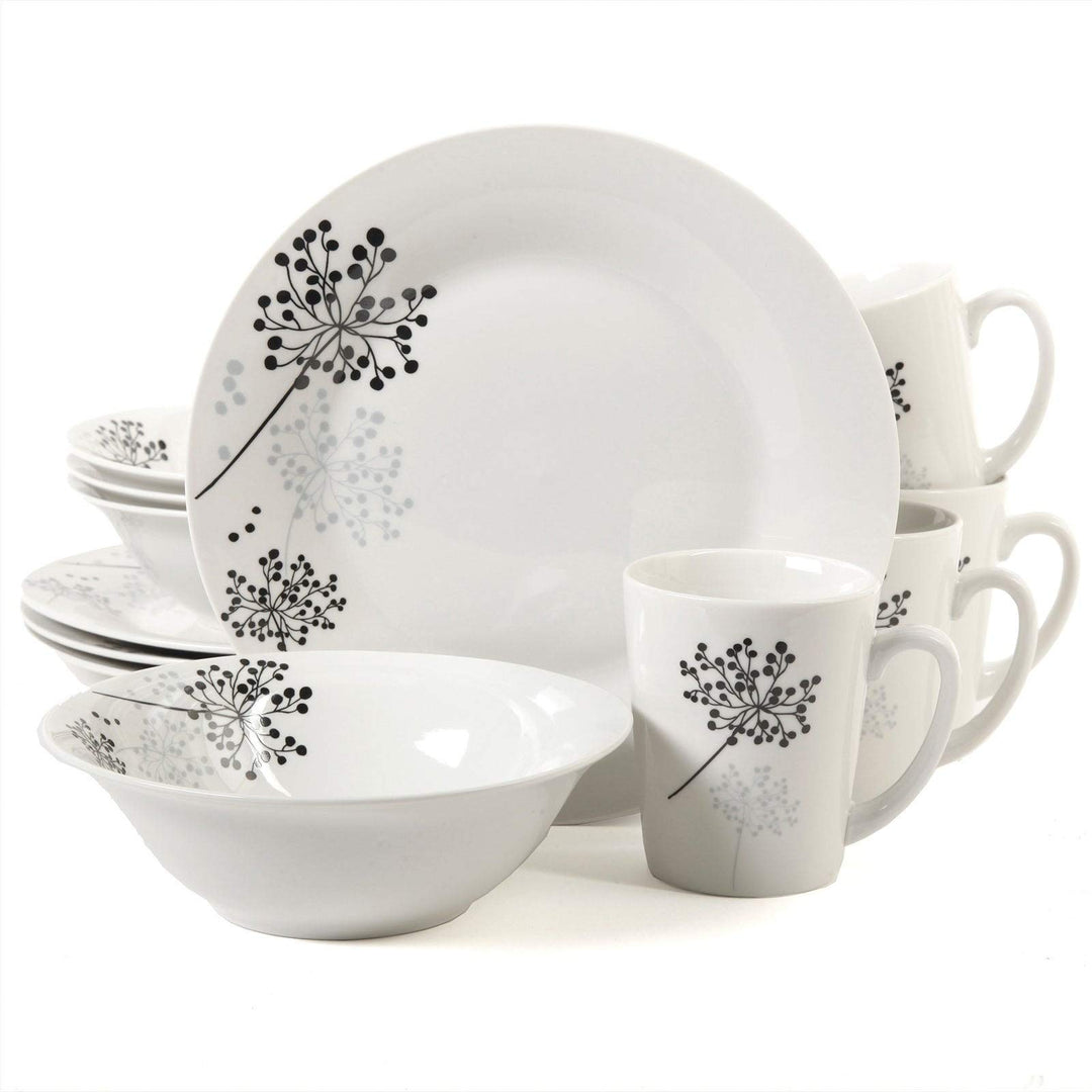 Floral Touch 12 Piece Dinnerware Set White Casual Round Stoneware Microwave Safe