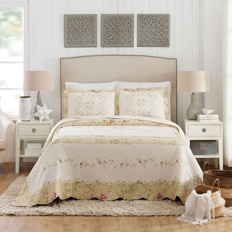 Prairie Bloom King Bedspread Off/White Floral Cottage Cotton 1 Piece