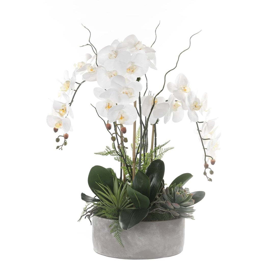 Real Touch Orchid Flower Arrangement in Stone Cement Pot White Handmade