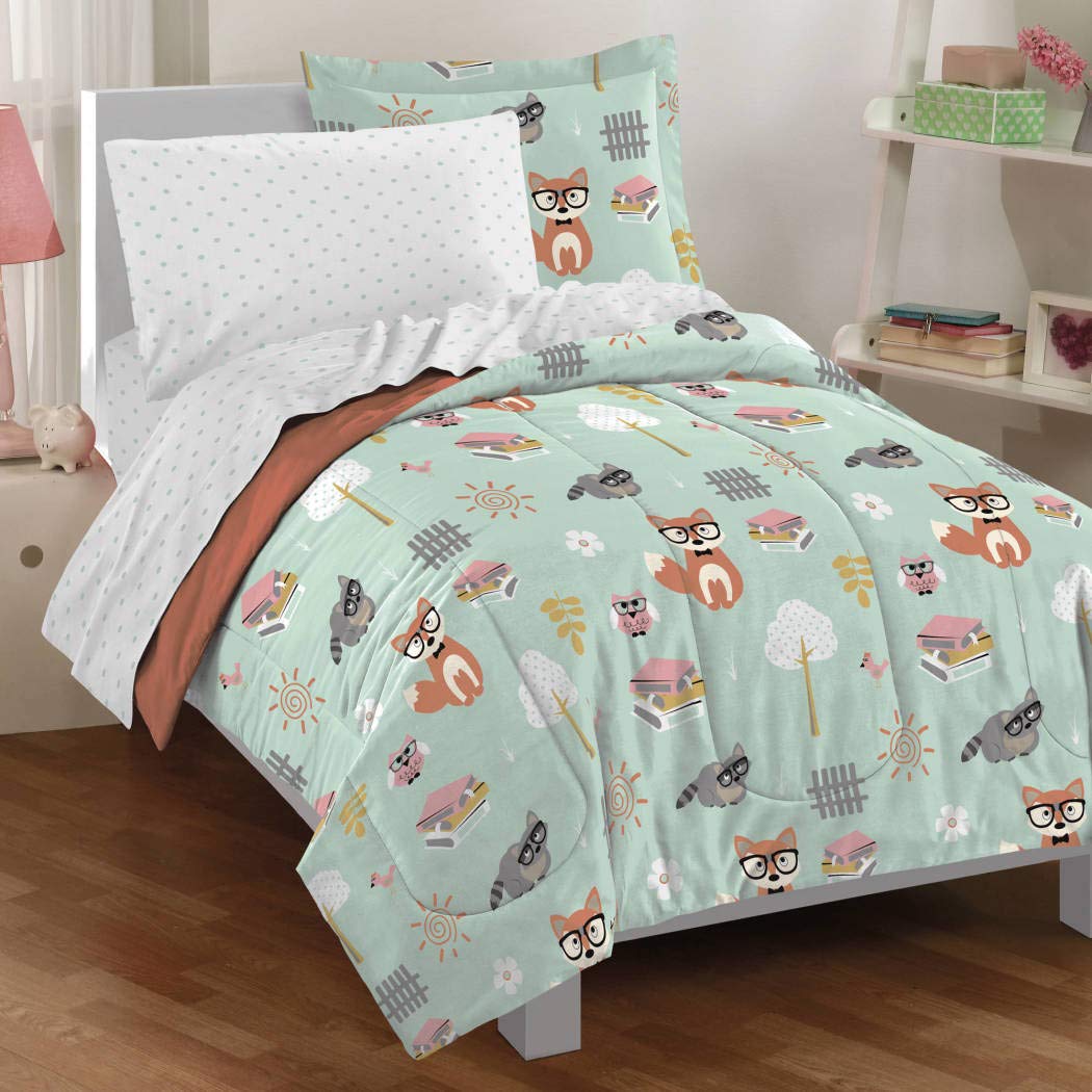 5 Piece Kids Unisex Mint Orange Woodland Comforter Twin Set Green Safari