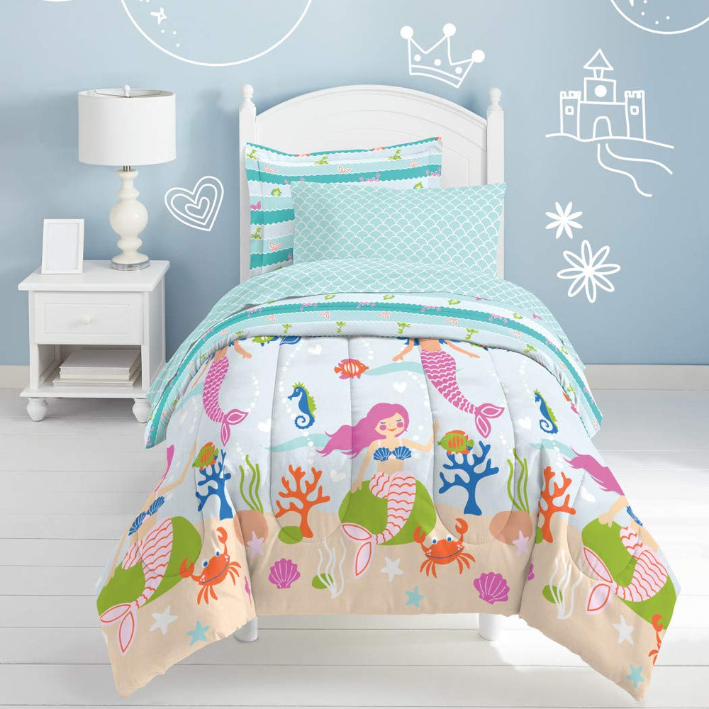 5 Piece Kids Girls Teal lue Pink Mermaid Comforter Twin Set Swimming Mer Maid - Diamond Home USA