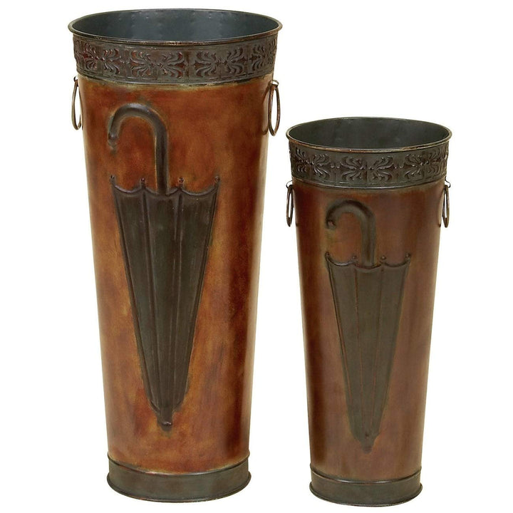 Metal Umbrella Stand (Set of 2) Black Brown Modern Contemporary Acacia Wood