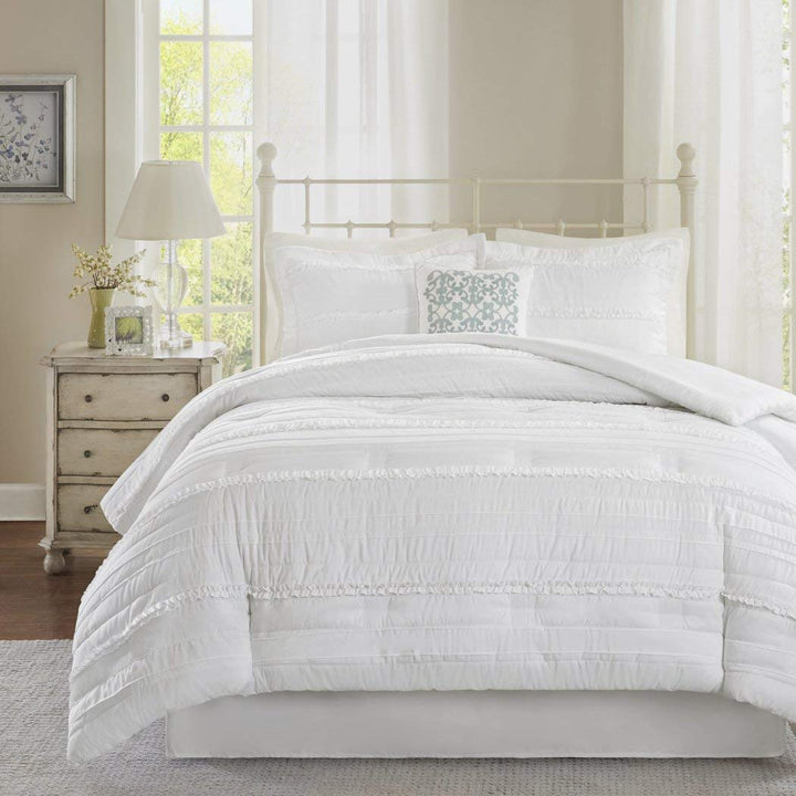 5 Piece White Solid Ruffled Stripes Pattern Comforter Cal-King Set Beautiful California King