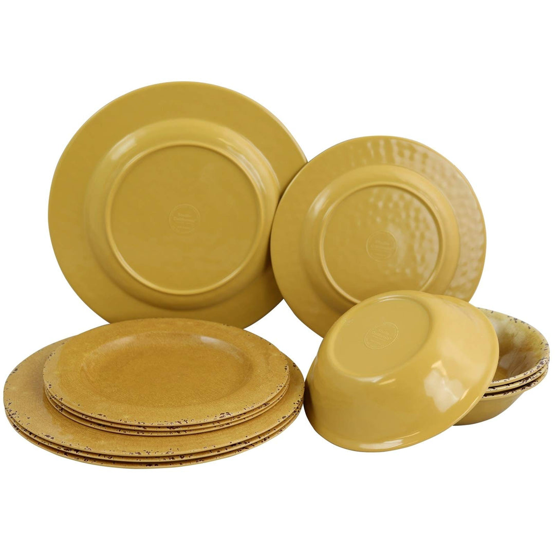 California 12 Pc Dinnerware Set in Yellow Decal Solid Casual Round Piece Medium