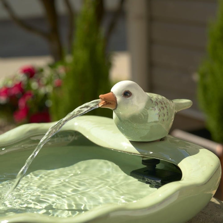 Ceramic Bird Solar Fountain- Light Green Traditional