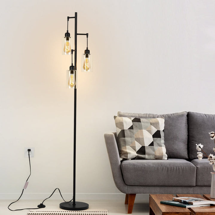 Tree Floor Lamp with 3 Hanging Bubble Glass Shade Black