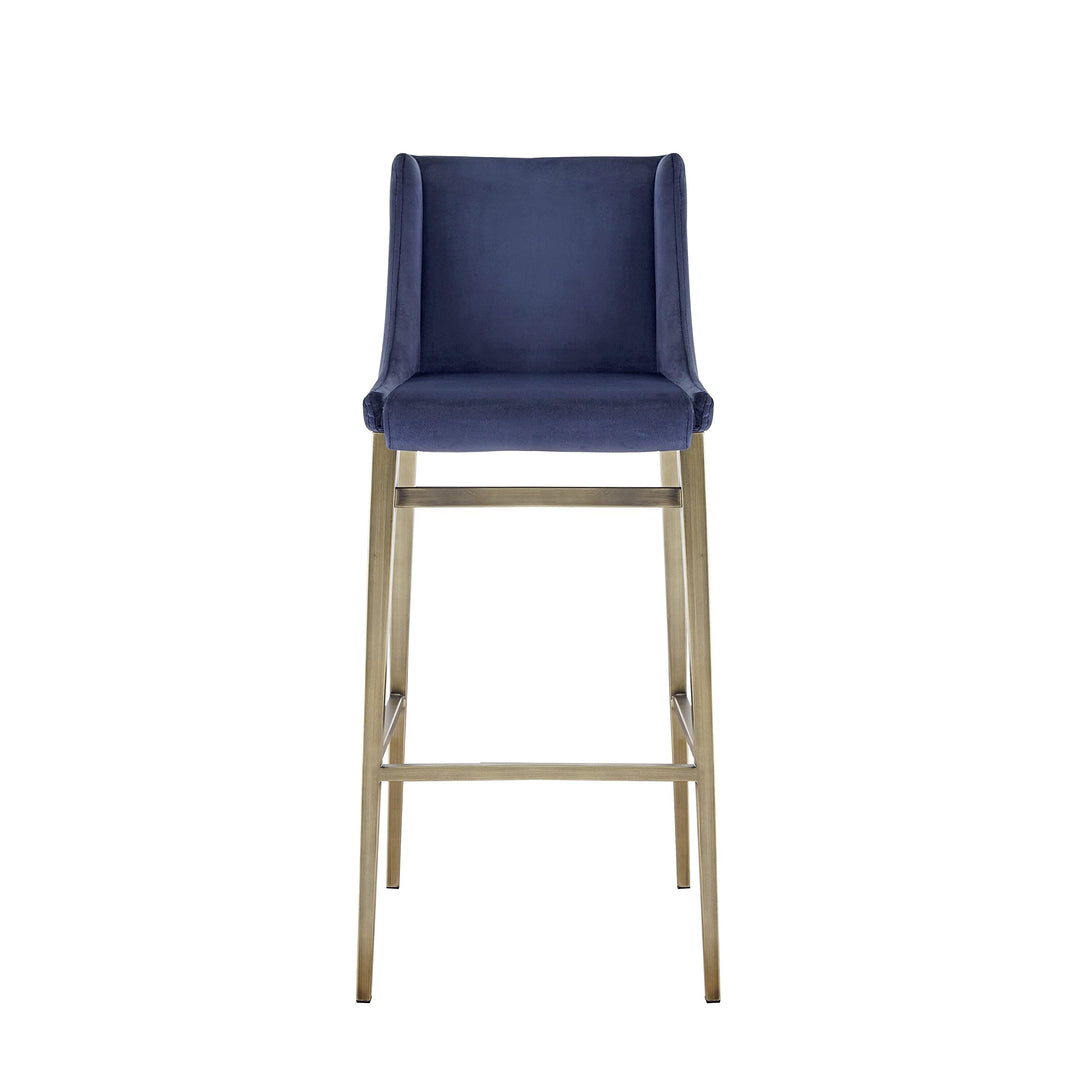 Contemporary Blue Velvet Antique Brass Bar Stool Modern Metal Finish Brushed