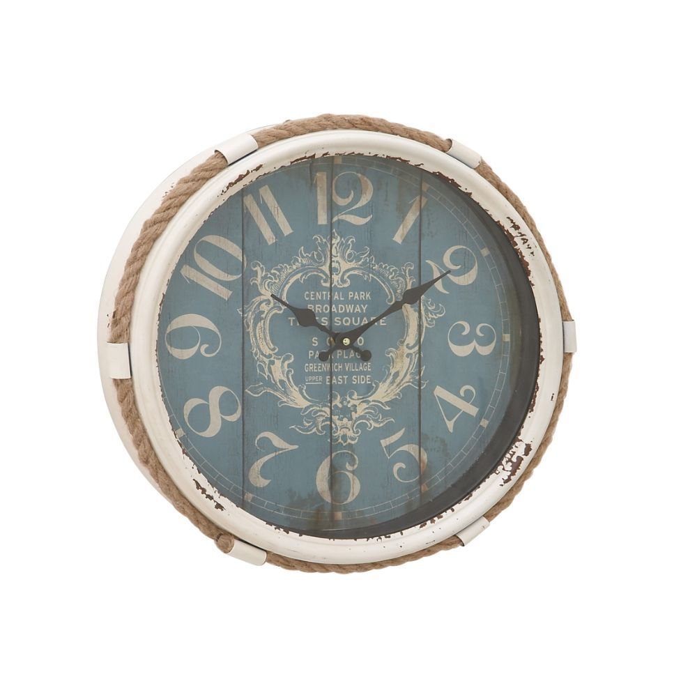 Nautical Rope Wall Clock White Distressed Finish Blue Face Coastal Beach Theme