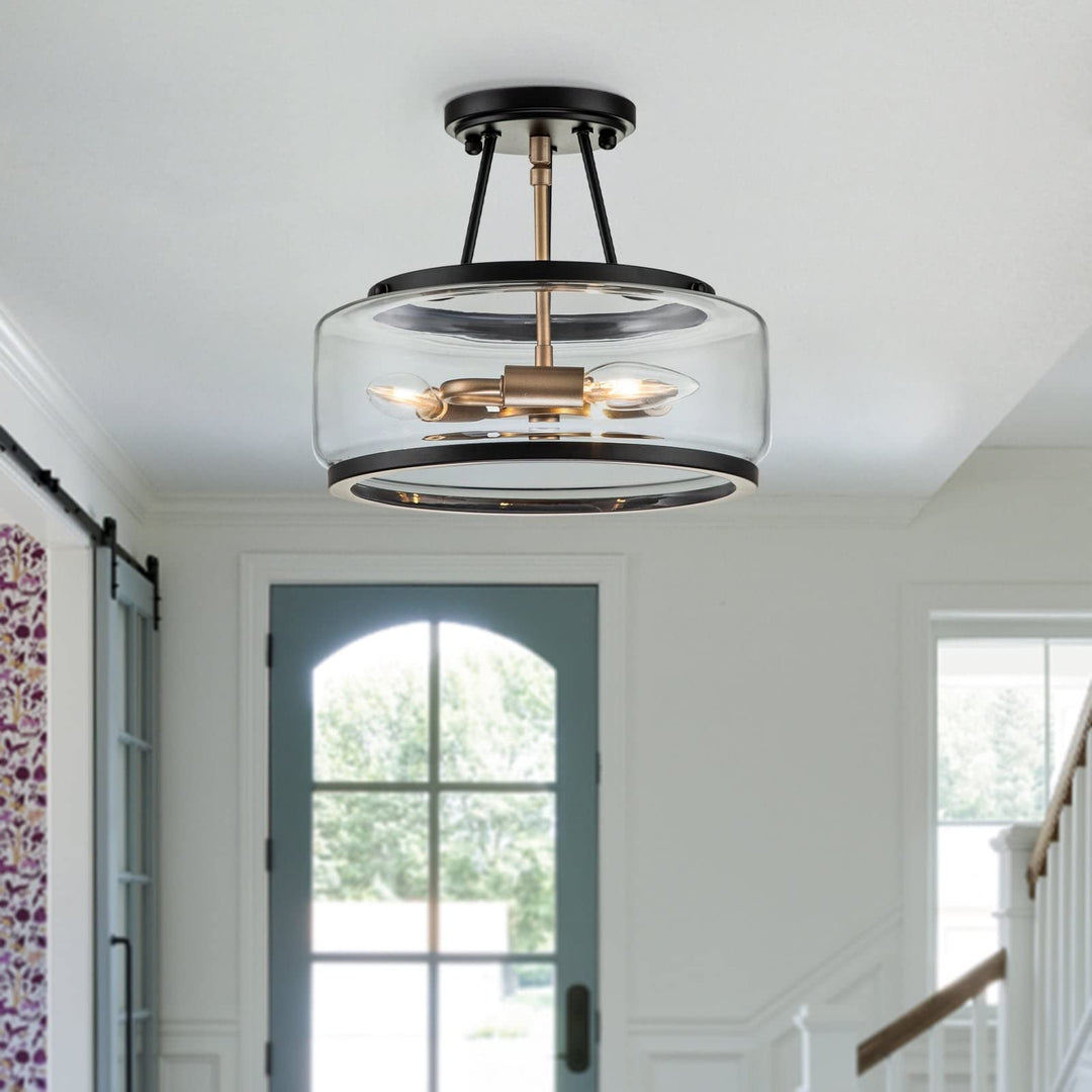 3 Light Industrial-style Black Lantern Glass Semi Flush Mount Farmhouse