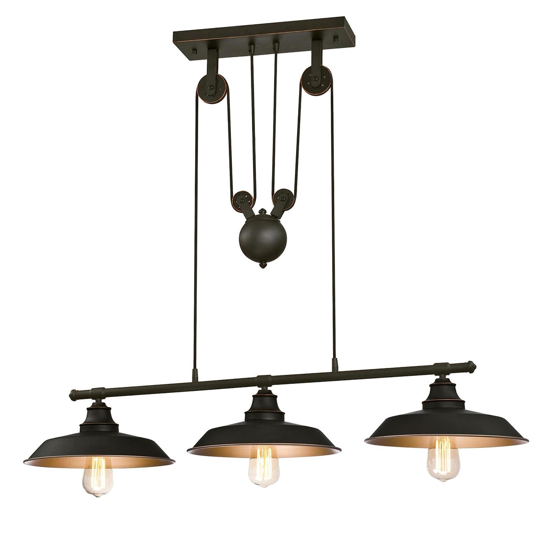 Westinghouse 6332500 Iron Hill Three-Light Indoor Island Pulley Pendant Finish Oil Rubbed Bronze with Highlights