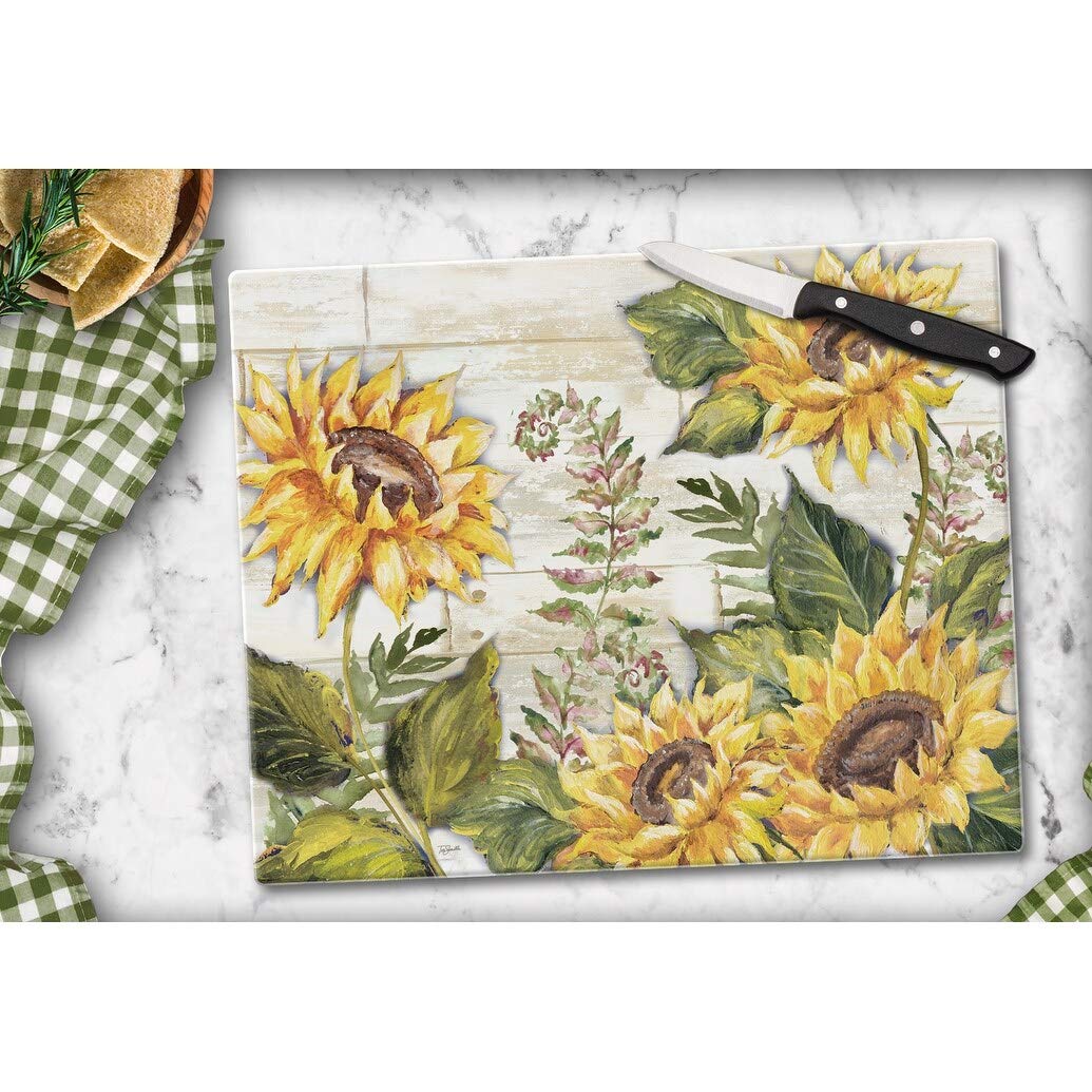 Glass Cutting Board Counter Saver 12"x15" Sunflowers Multi Color