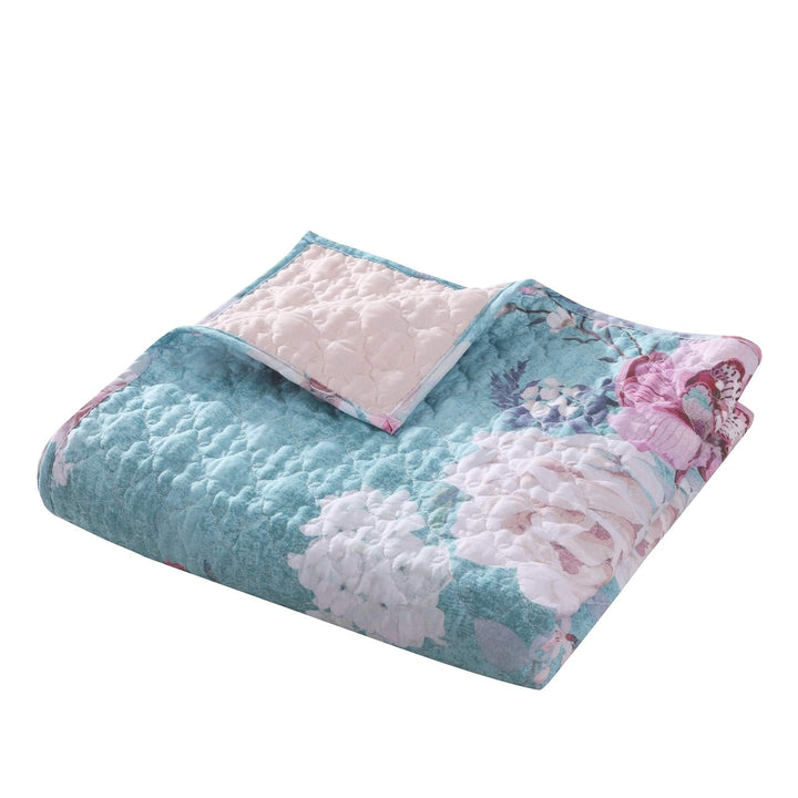 Turquoise Blue Reversible Throw Blanket Green Pink Floral Solid Color Microfiber