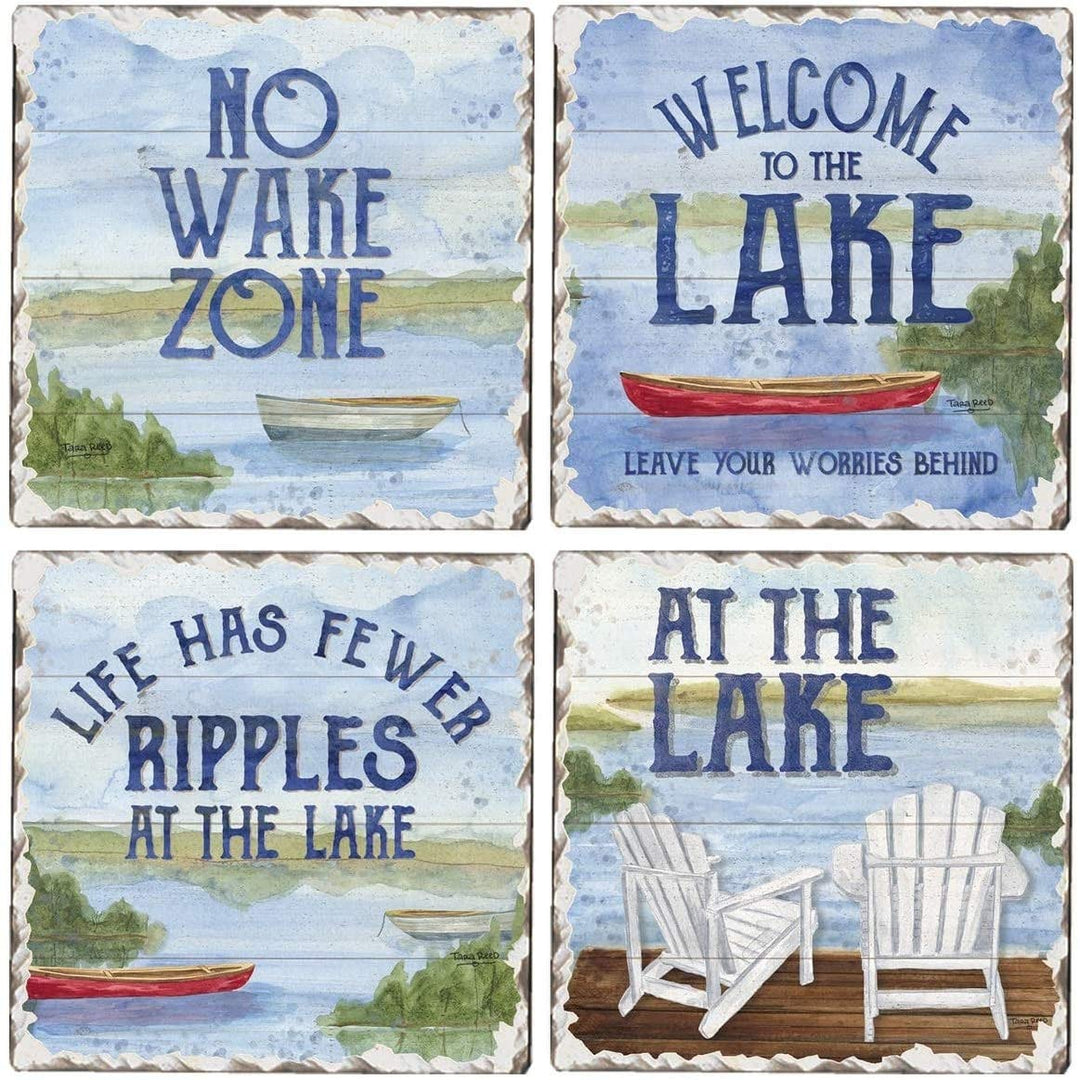 Assorted Image Tumbled Tile Coaster Set Lake House Greetings 4 Pack Made in