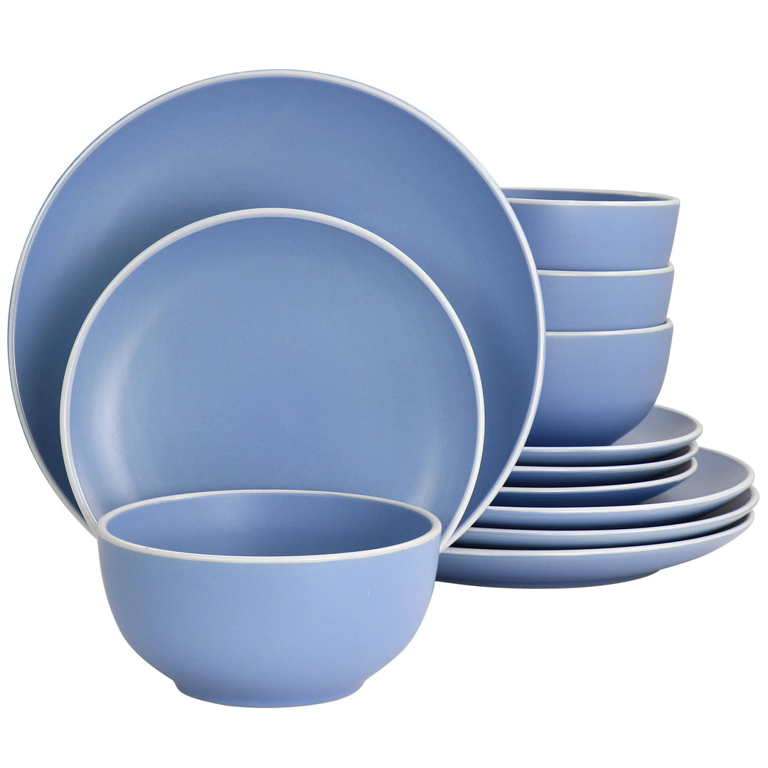 Creamy 12 Piece Dinnerware Set In Matte Blue Pc Solid Casual Round Stoneware