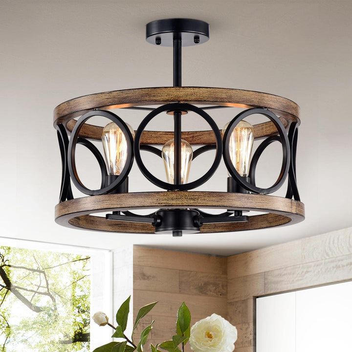 Warehouse of Tiffany Shacer Matte Black Grain 3-Light Chandelier CM135/3 Black/Faux-WoodGrain/Semi-Flush Mount