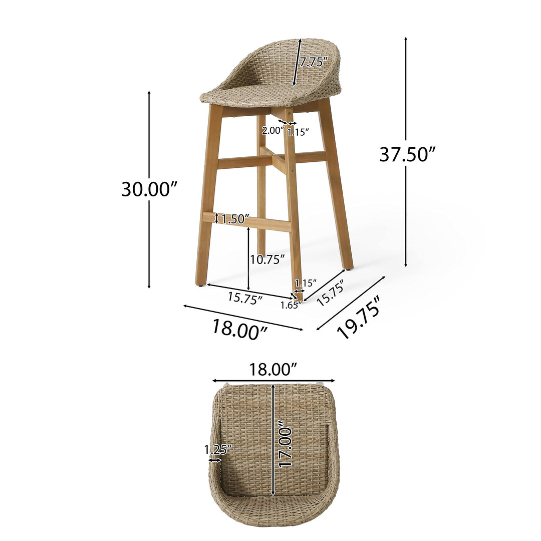 Wicker and Acacia Wood Outdoor Barstools Brown Rustic Rattan Water Resistant