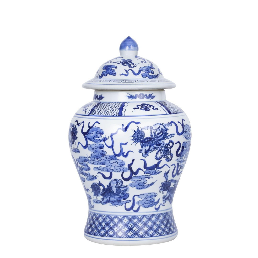 Playing Foo Dogs Temple Jar Blue Porcelain